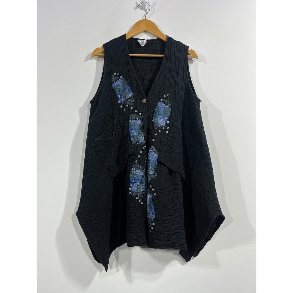 Linda K Asymmetrical Gauze Artsy Vest Hand Painted Lagenlook Womens Small Medium